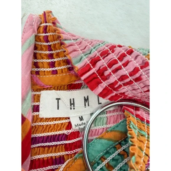 THML Smocked Ruffle Top Womens Medium Multicolor Geometric Patchwork Sleeveless - Picture 8 of 9